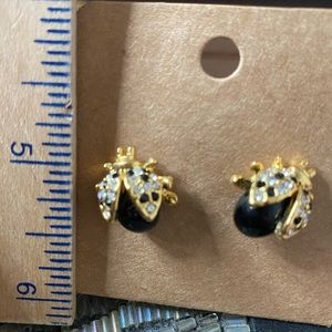 Black ladybugs with rhinestones pierced earrings. Vintage great condition!